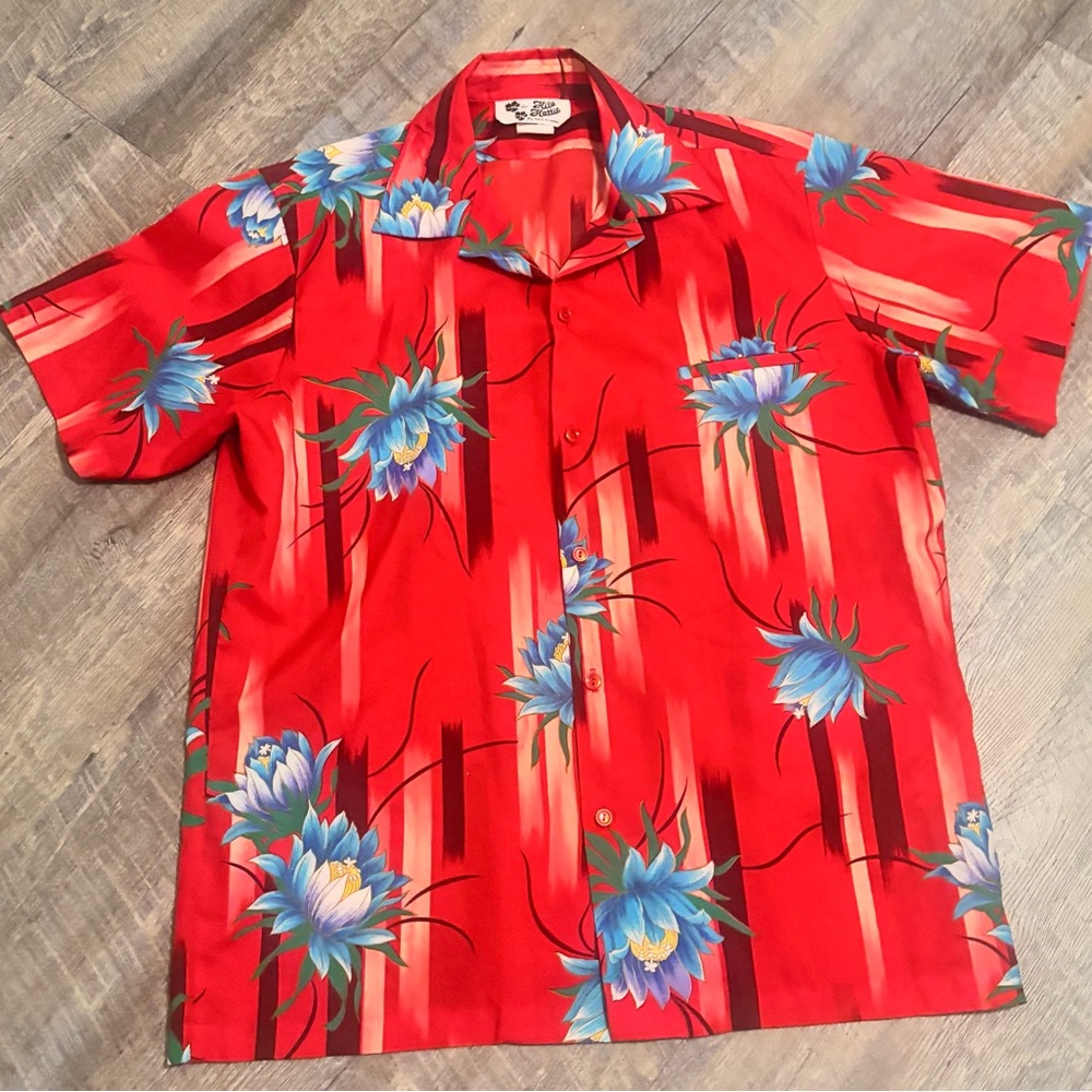 HILO HATTIE Men’s Red Tropical Made In Hawaii Hawaiian Button Down Shirt Large